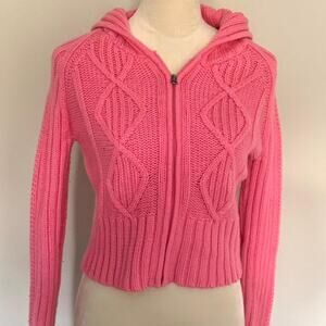 Neon pink cable knit zip up sweater